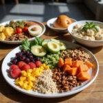 Healthy mood-boosting meals with fruits, vegetables, nuts, and grains, scene of a nutritious lunch on a wooden table for emotional well-being.