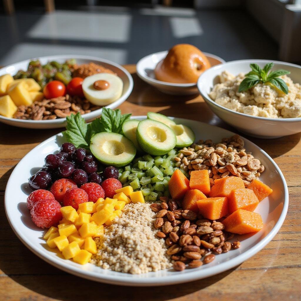 Healthy mood-boosting meals with fruits, vegetables, nuts, and grains, scene of a nutritious lunch on a wooden table for emotional well-being.