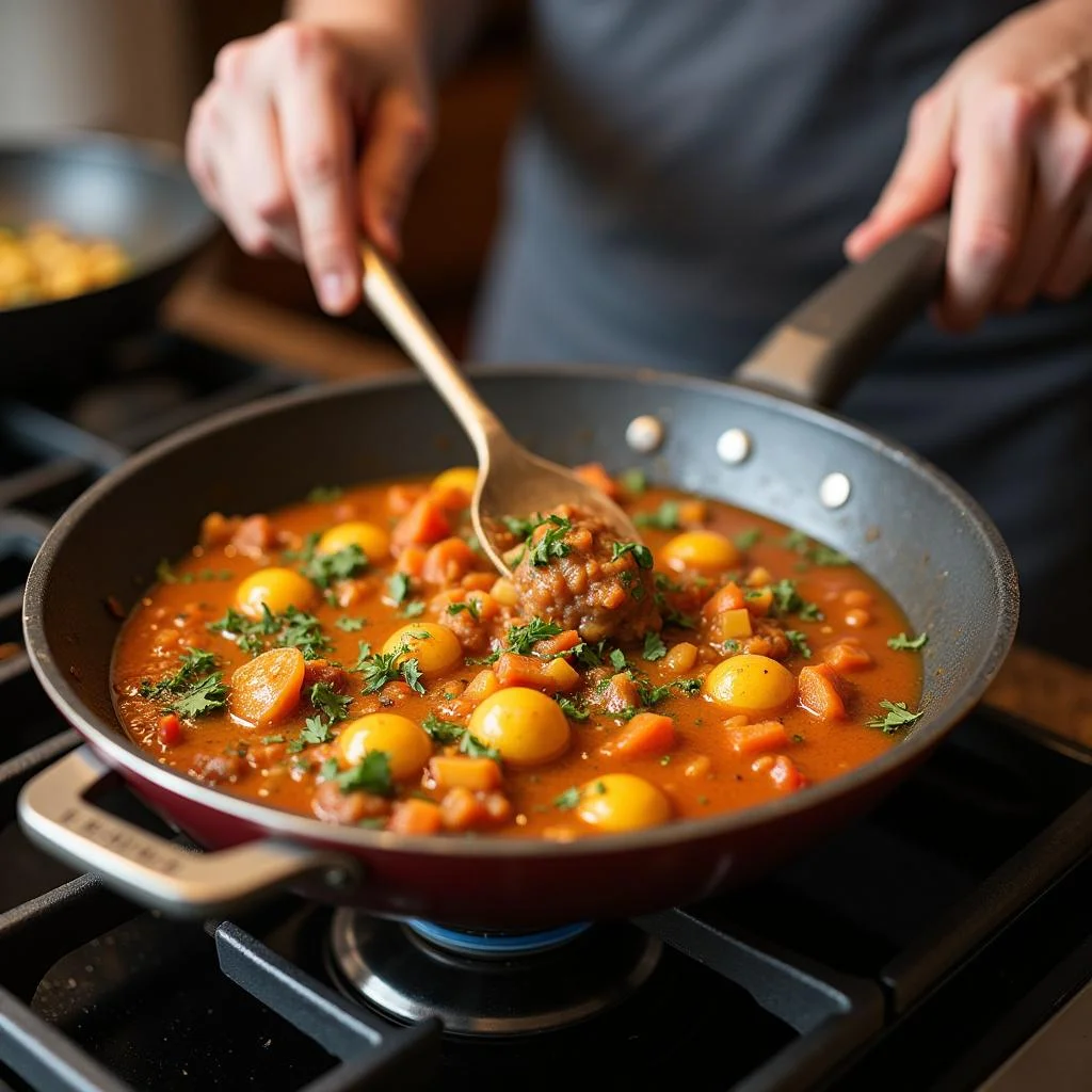 Cooking a Moroccan tagine in a skillet on the stove, illustrating preparation without a traditional tagine container.