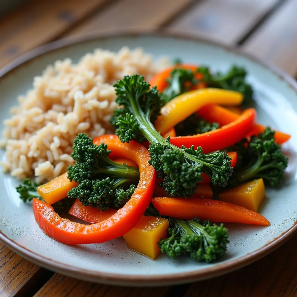 Colorful anti-inflammatory dinner with vegetable stir-fry and brown rice, highlighting nutritious ingredients like turmeric and fresh vegetables.