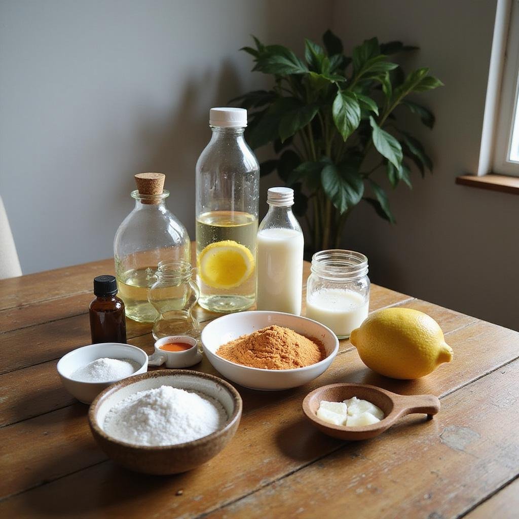 Natural cleaning ingredients like vinegar, baking soda, lemon, and essential oils on a wooden table for homemade cleaning recipes.