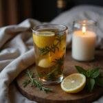 A glass of herbal nighttime tea with fresh herbs and lemon slices placed on a cozy bedside table illustrating gut-friendly nighttime drinks.