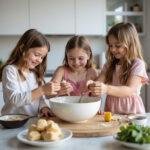 Kids making no-bake desserts in the kitchen, mixing ingredients with smiles on their faces.