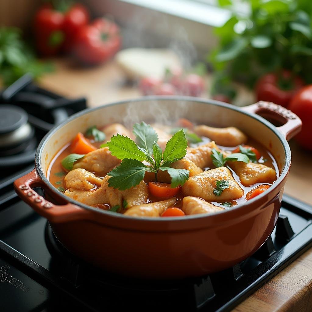Hot homemade one-pot chicken and vegetable stew cooking on the stove, showcasing wholesome ingredients.