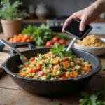 Healthy one-pot vegetable quinoa salad in a glass bowl on a kitchen counter, ready to serve.