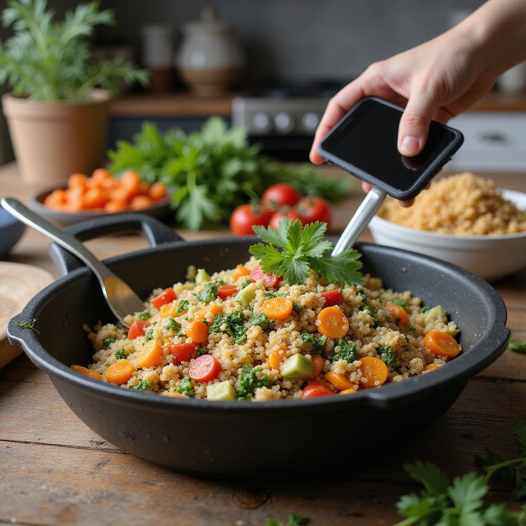 Healthy one-pot vegetable quinoa salad in a glass bowl on a kitchen counter, ready to serve.