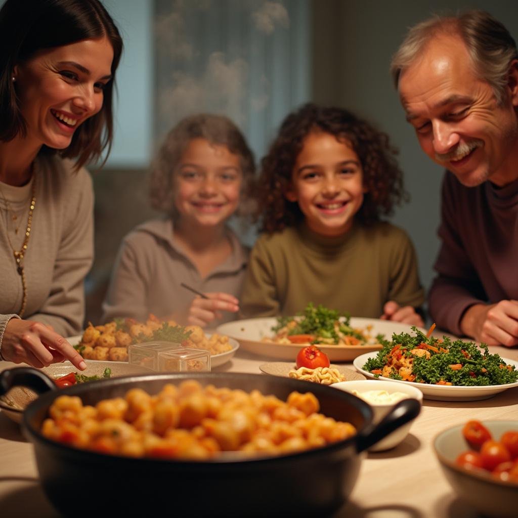 A family sitting around a table eating a delicious, budget-friendly one-pot meal prepared quickly in a single pot, showcasing convenience and affordability.