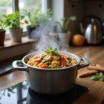 A close-up of a one-pot meal with vegetables, pasta, and herbs cooking on a stovetop in a single pot, emphasizing time-saving cooking.