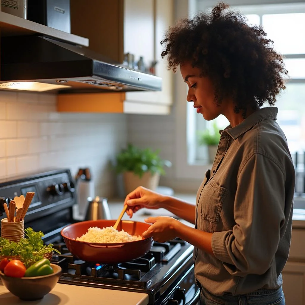 Individual preparing a quick emergency meal with pantry staples such as rice, beans, and canned vegetables.