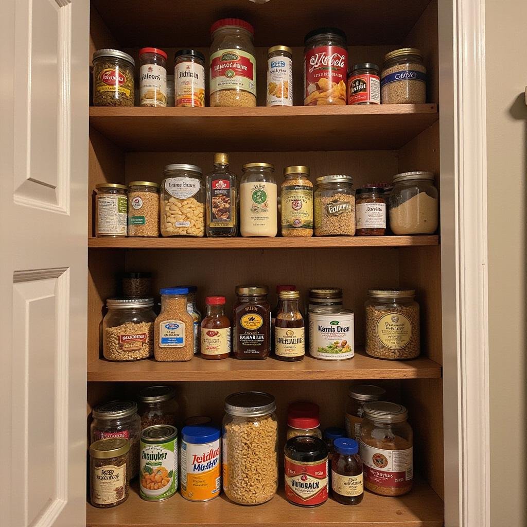 Pantry stocked with canned foods, pasta, and spices for emergency cooking preparedness.