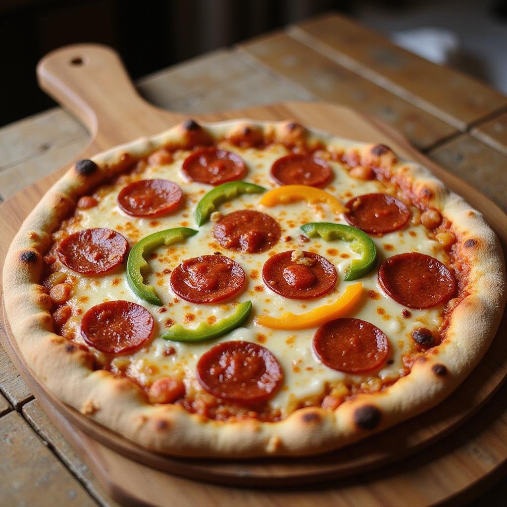 Delicious Penndel pizza with melted cheese, pepperoni, and vegetables, ready to be served.