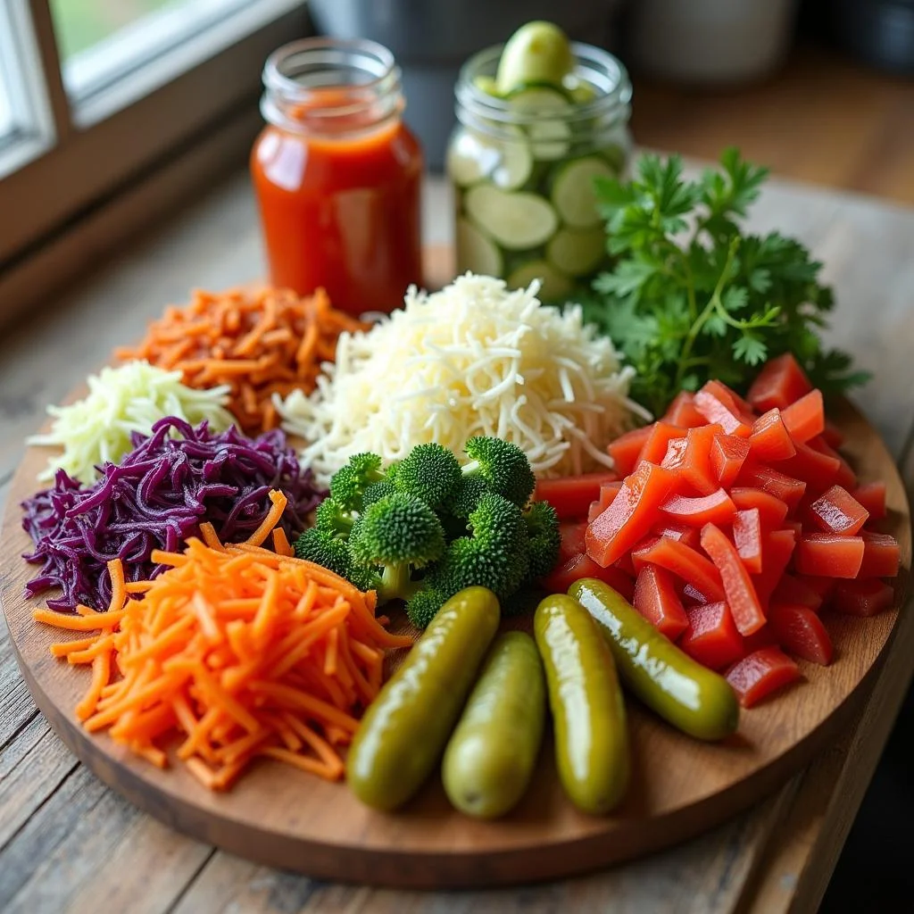 Fermented vegetables such as sauerkraut and kimchi on a wooden platter, emphasizing probiotic foods to support immune health.