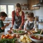 Busy mom cooking a nutritious meal in the kitchen with kids assisting.