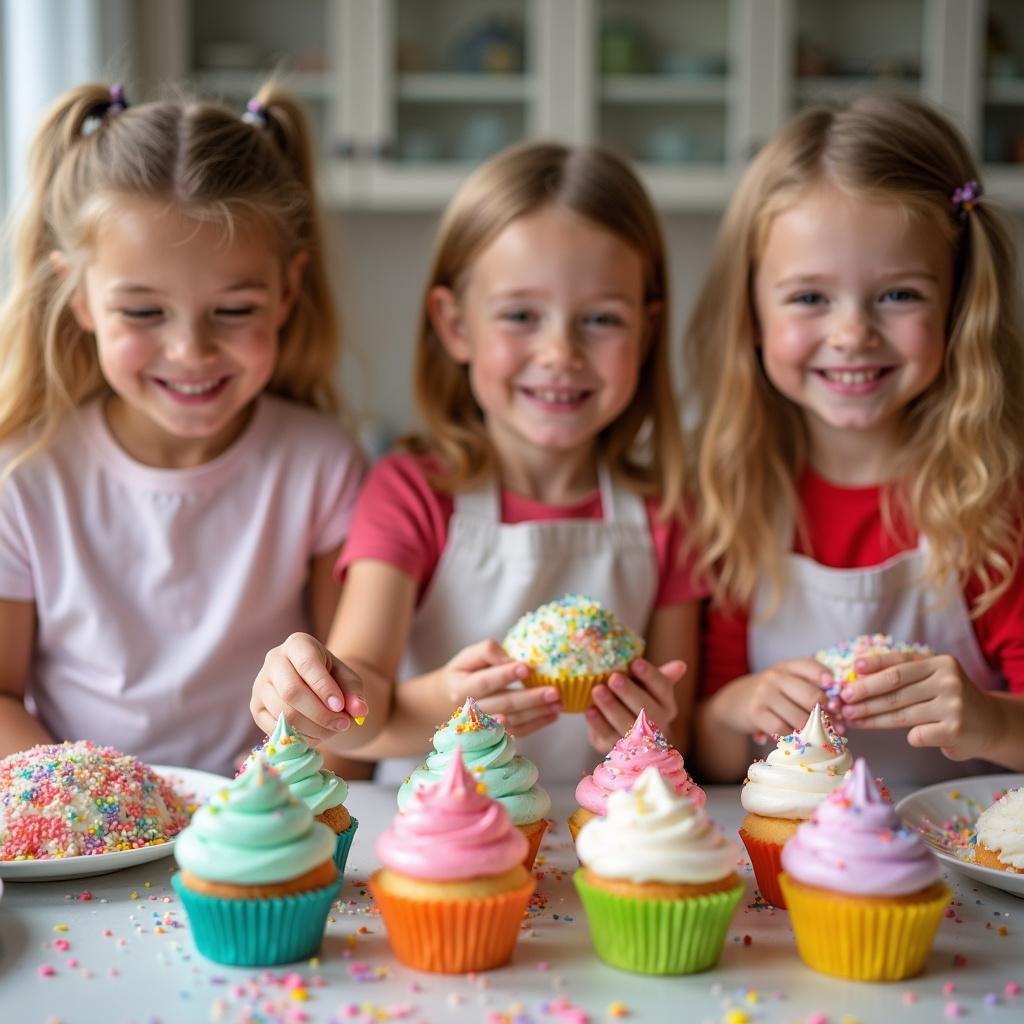 Children decorating rainbow cupcakes with colorful icing and sprinkles, enjoying a fun baking activity