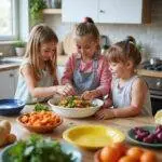 Kids assisting in making a rainbow vegetable salad, showcasing teamwork and colorful ingredients in a kitchen setting