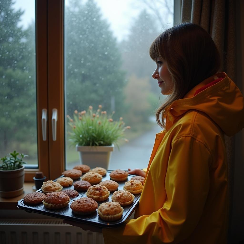 Someone carrying freshly baked muffins inside during a rainy day, with raindrops on the window emphasizing a warm, comforting setting