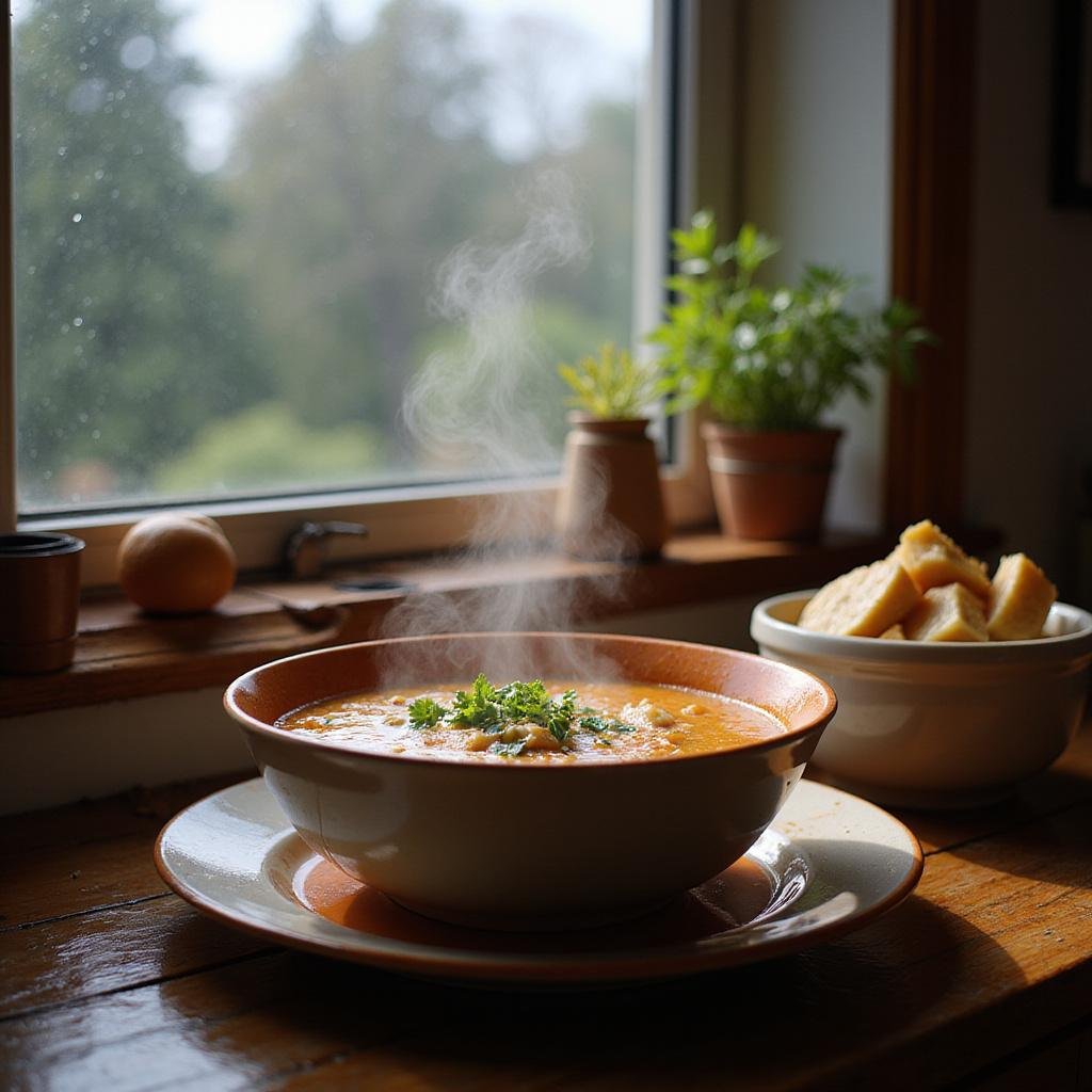 A comforting bowl of homemade soup on a rustic kitchen table with rain visible through the window, evoking warmth on a rainy day