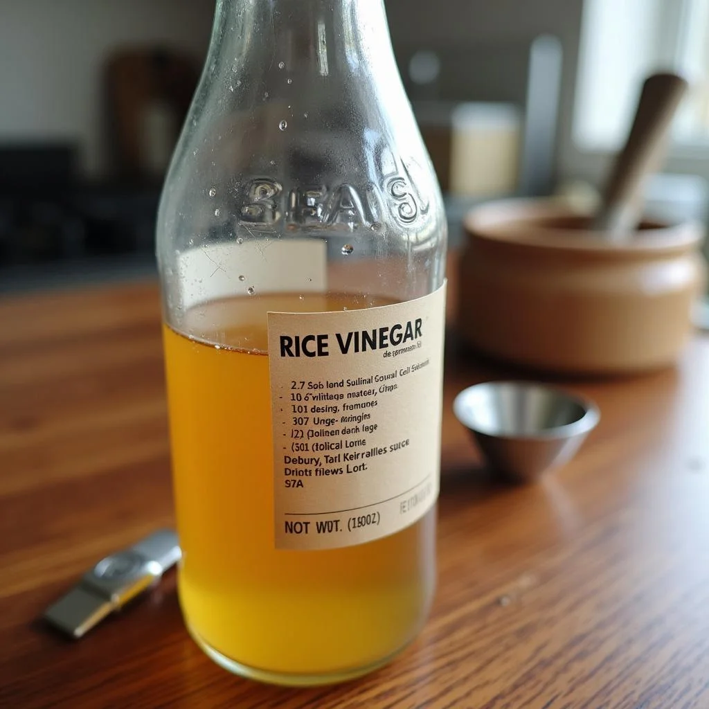Close-up of rice vinegar bottle with expiration information, illustrating shelf life and storage tips for rice vinegar.