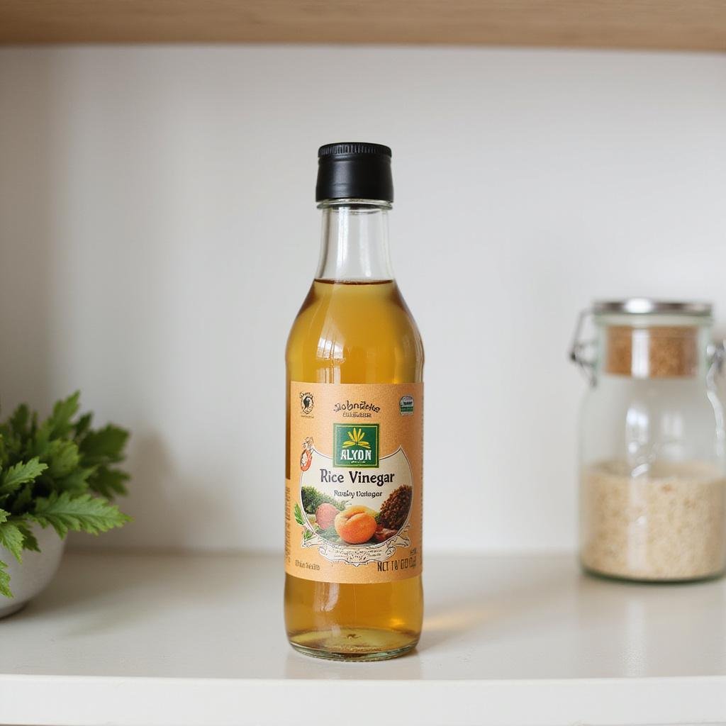 Rice vinegar bottle on a shelf demonstrating its appearance, addressing 'does rice vinegar expire' in the description.