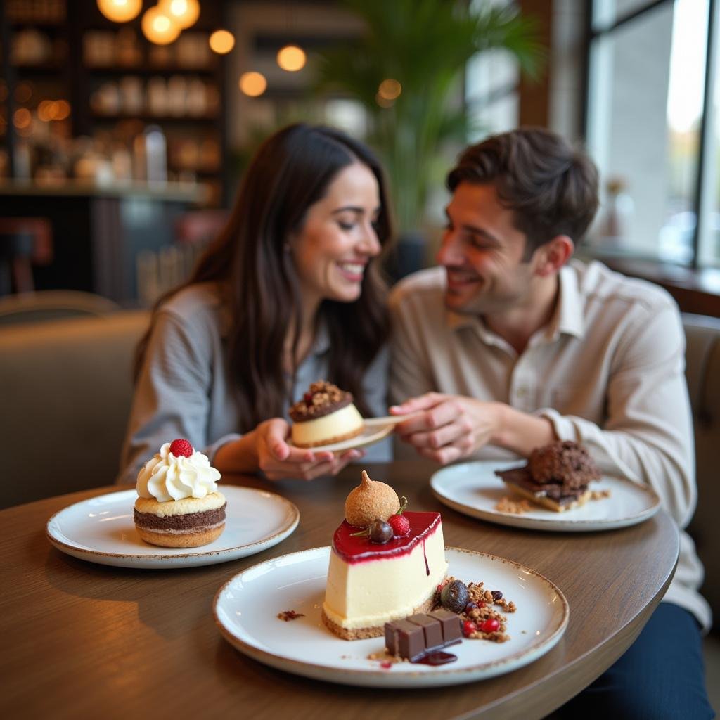 Couple enjoying unique and romantic desserts in a cozy café environment.