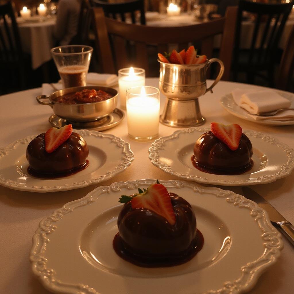 Romantic dessert table with strawberries and fondue under candlelight, ideal for a romantic evening.