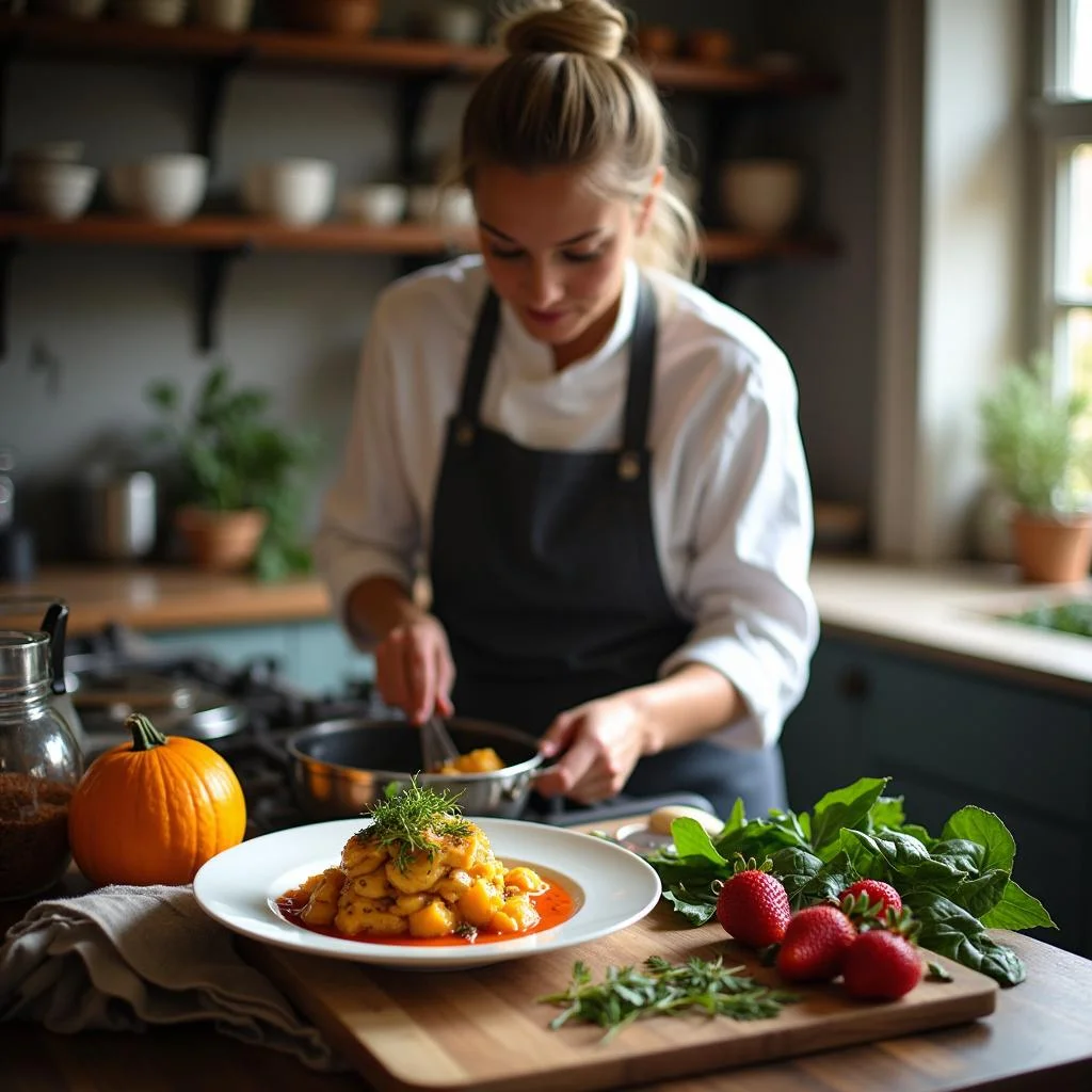 Chef cooking with seasonal vegetables and fruits, illustrating recipe preparation for different months of the year in a bright kitchen.