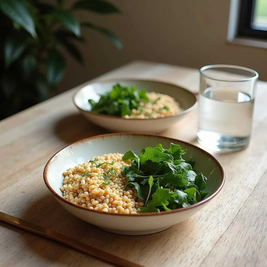 A tranquil dining setting with healthy, calming foods like grains and greens, supporting anxiety reduction.