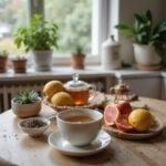 A peaceful kitchen scene with herbal tea and fresh fruit promoting calming meals for anxiety relief.