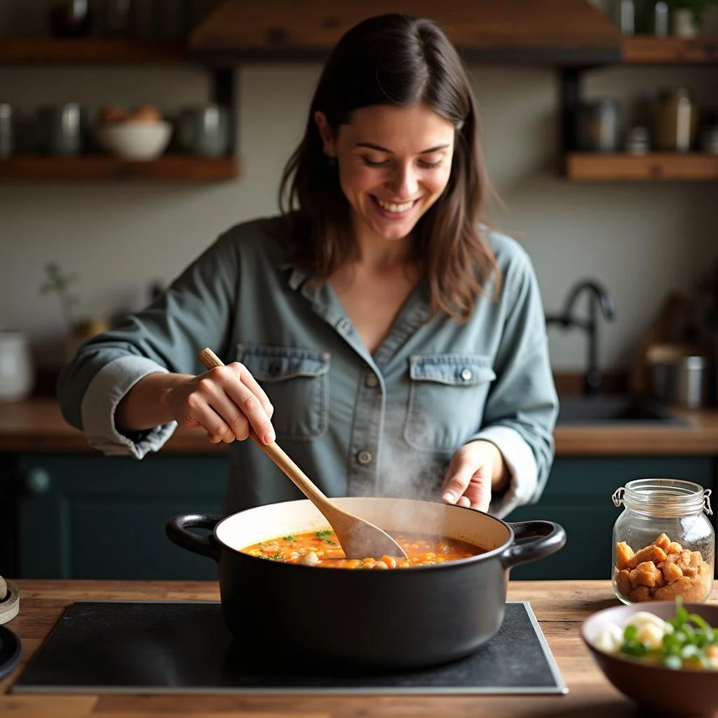 A person cooking in a rustic kitchen with a steaming pot, representing stress relief through slow cooking methods.