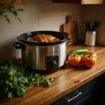 A slow cooker on a kitchen counter with fresh vegetables and herbs, creating a calming and inviting atmosphere for stress relief.