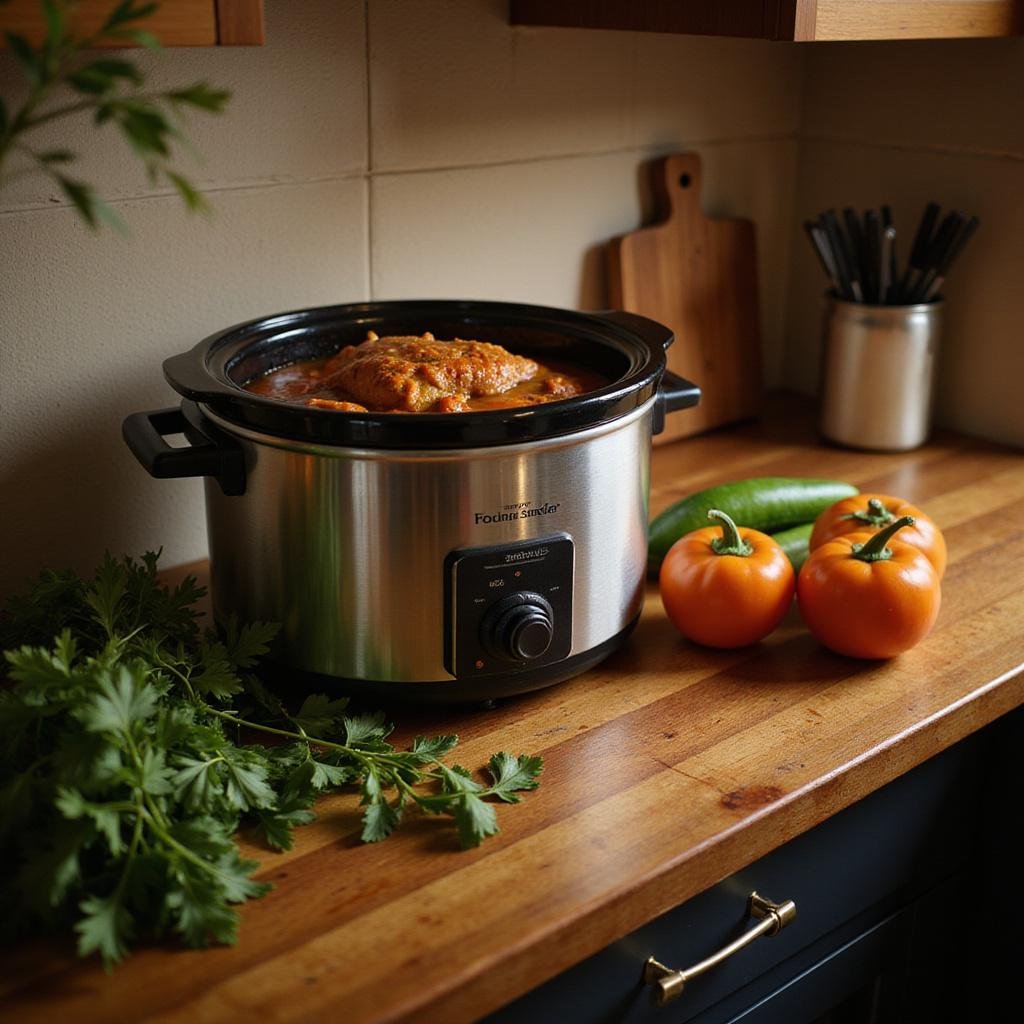 A slow cooker on a kitchen counter with fresh vegetables and herbs, creating a calming and inviting atmosphere for stress relief.