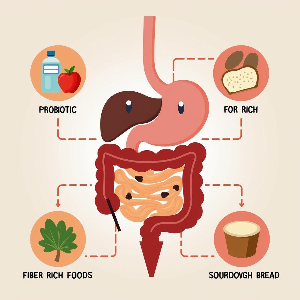 An infographic illustrating gut health benefits of sourdough bread, including probiotics, fiber, and digestion support.