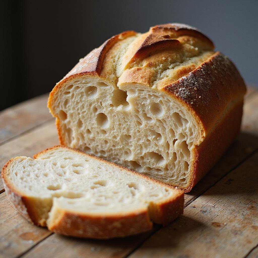 Freshly baked sourdough bread with a golden crust on a wooden table, showcasing its airy interior.