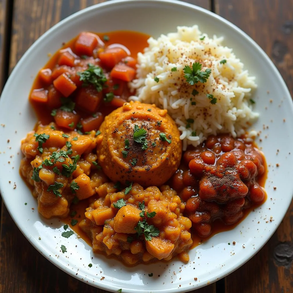 International dishes with bold spices, featuring Indian curry, Moroccan tagine, and Mexican salsa on a wooden table.