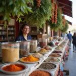 Colorful spice market with hanging herbs, spice jars, and a vendor displaying spice blends, highlighting global culinary flavors.