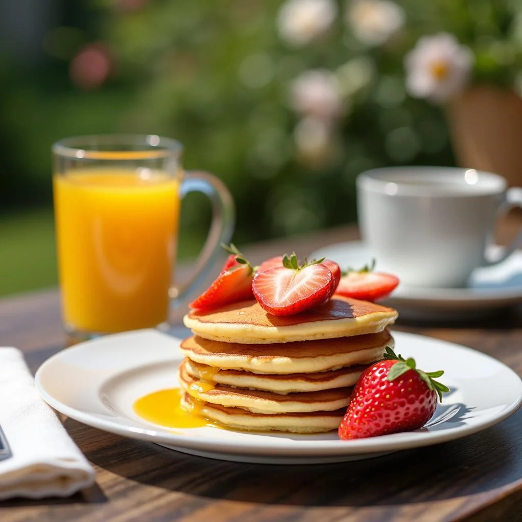 Close-up of spring brunch foods including pancakes, fruit, and orange juice on a sunny outdoor table