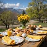 Sunny outdoor spring brunch table with colorful dishes, fresh flowers, and bright sunlight