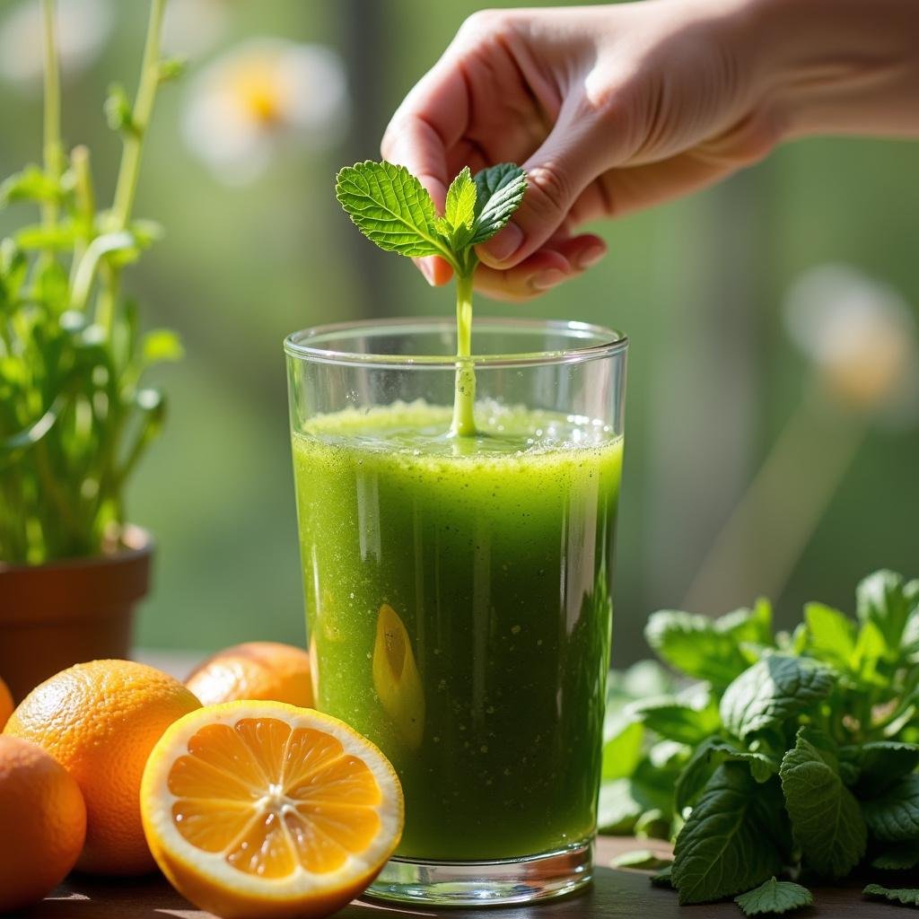 Person preparing a green detox juice outdoors with fresh ingredients on a sunny spring day