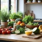 Spring detox recipes ingredients on a kitchen counter with fresh vegetables and herbs under natural light