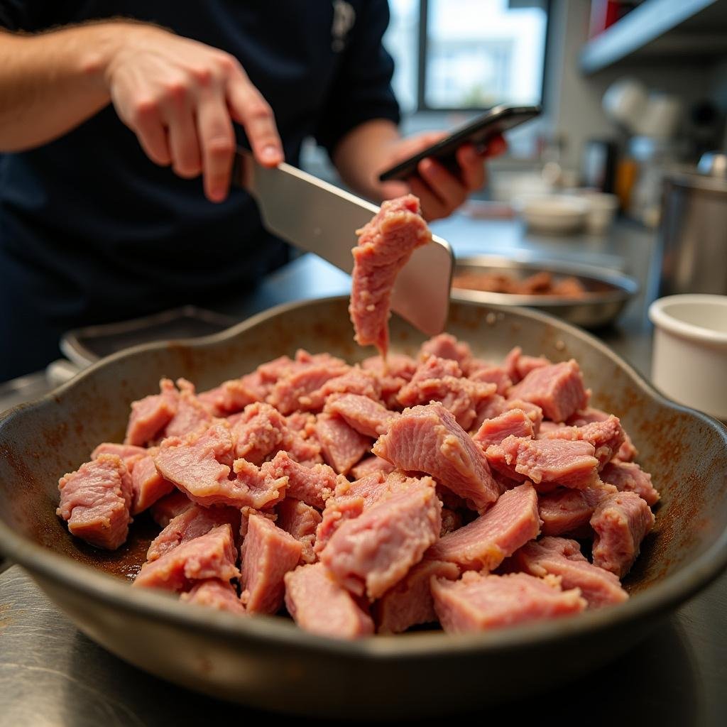 Chef shredding cooked meat in a kitchen to stretch the protein and increase meal portions