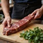 Person stretching cooked meat on a cutting board with herbs to make the meat appear larger and stretch further