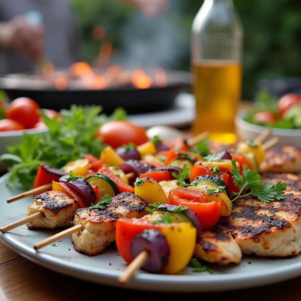 Healthy grilled chicken and vegetable skewers served on a plate at a summer BBQ