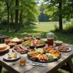 Healthy summer BBQ with grilled vegetables and lean meats outdoors under sunny skies