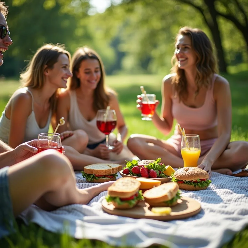 Friends sharing a budget summer picnic outdoors, with simple sandwiches, fruits, and drinks on a blanket in the park.