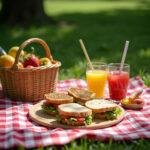 Budget-friendly summer picnic table with sandwiches, fruits, and drinks on a checkered blanket in a sunny outdoor park.