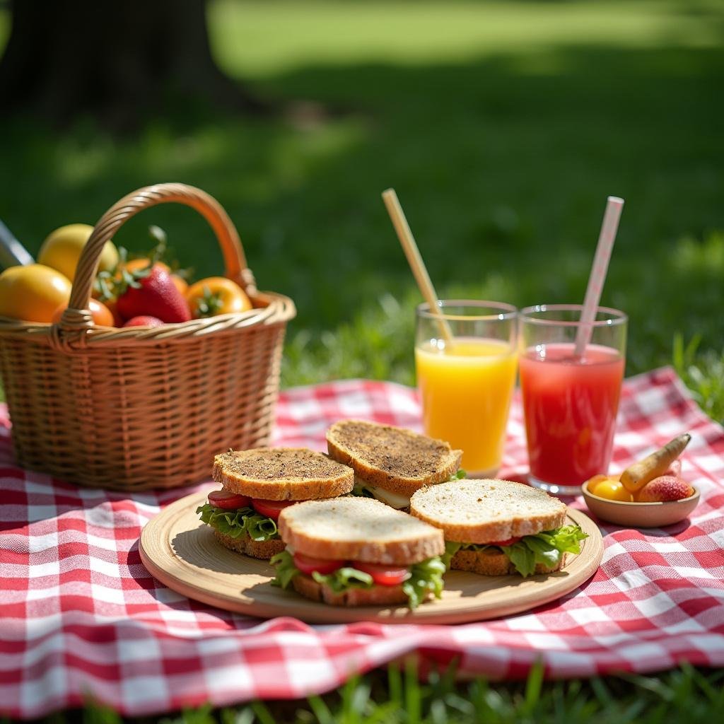 Budget-friendly summer picnic table with sandwiches, fruits, and drinks on a checkered blanket in a sunny outdoor park.