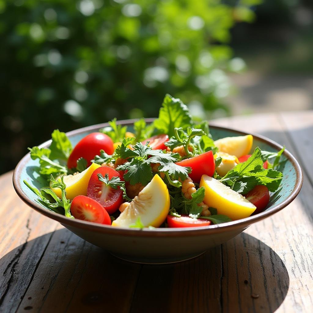 A vibrant summer salad with fresh vegetables and fruits in a wooden bowl on a backyard table