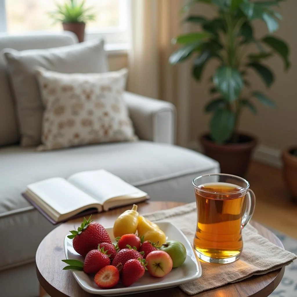 Relaxing Sunday self-care scene with tea, a book, and fresh fruit emphasizing simple meals and relaxation.