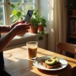 Woman enjoying a simple homemade breakfast of avocado toast and coffee in a bright kitchen to promote Sunday self-care.