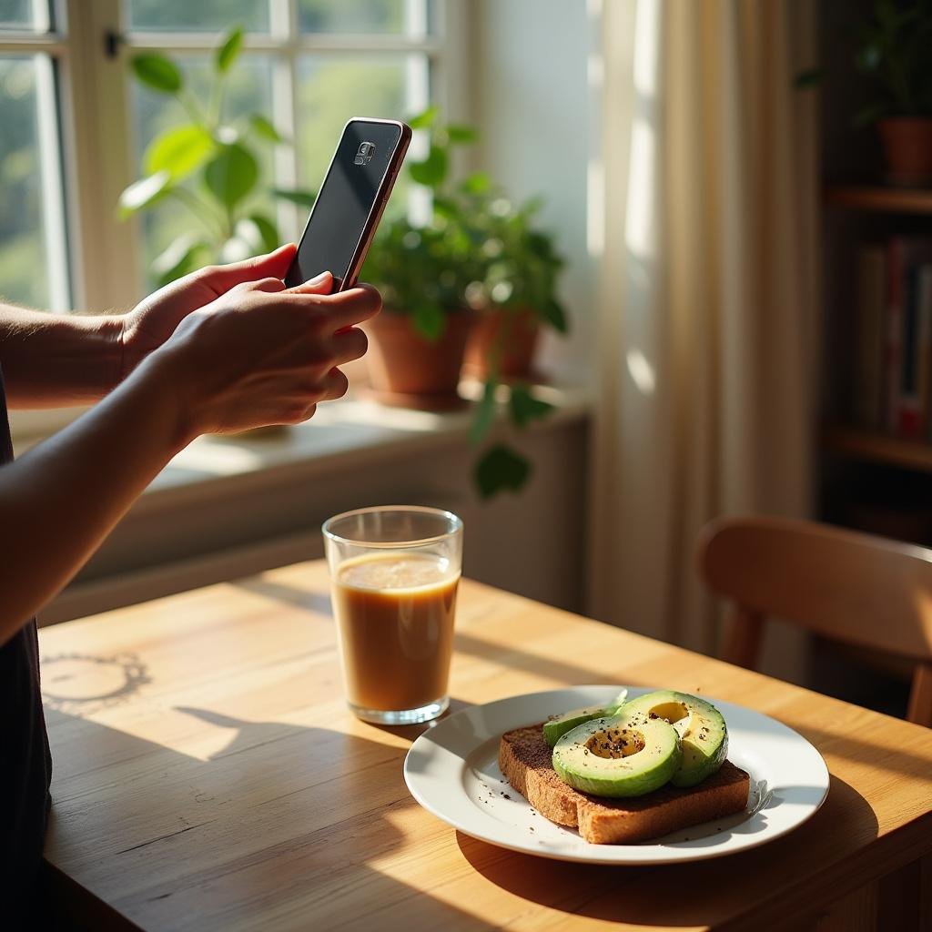 Woman enjoying a simple homemade breakfast of avocado toast and coffee in a bright kitchen to promote Sunday self-care.